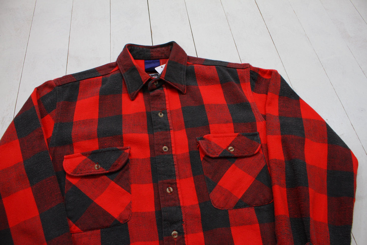 1990s/2000s Y2K Red Black Buffalo Plaid Flannel Button Up Shirt Size M