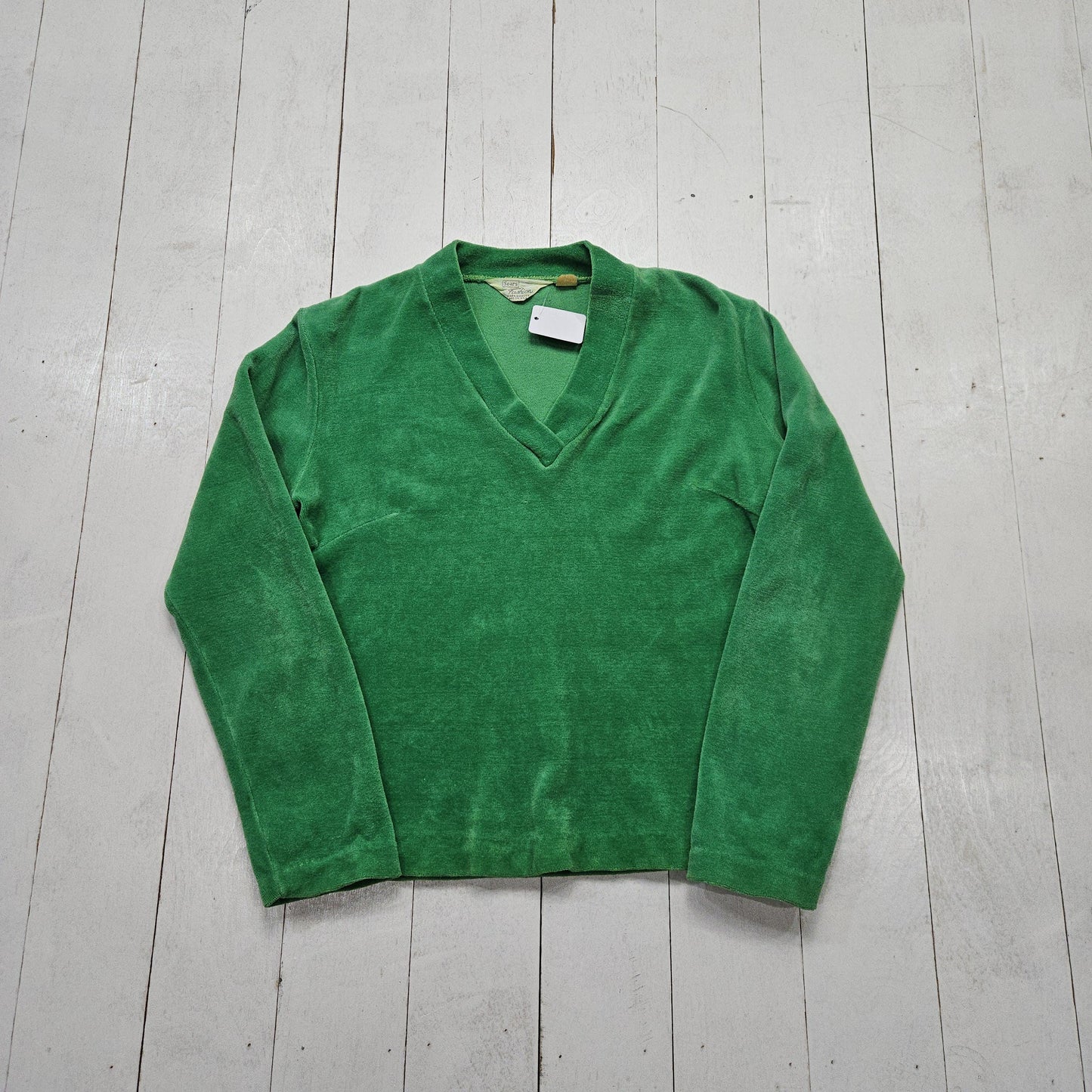 1970s Sears Green V-Neck Velour Sweatshirt Made in USA Women's Size M