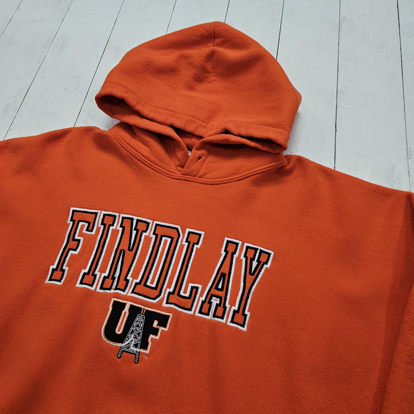 1990s/2000s Y2K University of Findlay Oilers Orange NCAA Hoodie Sweatshirt Size XL