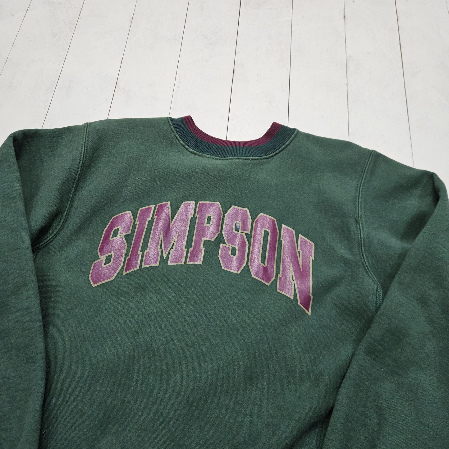 1990s Mt Spokane Knitting Mills Green Simpson College University Reverse Weave Style Sweatshirt Made in USA Size L