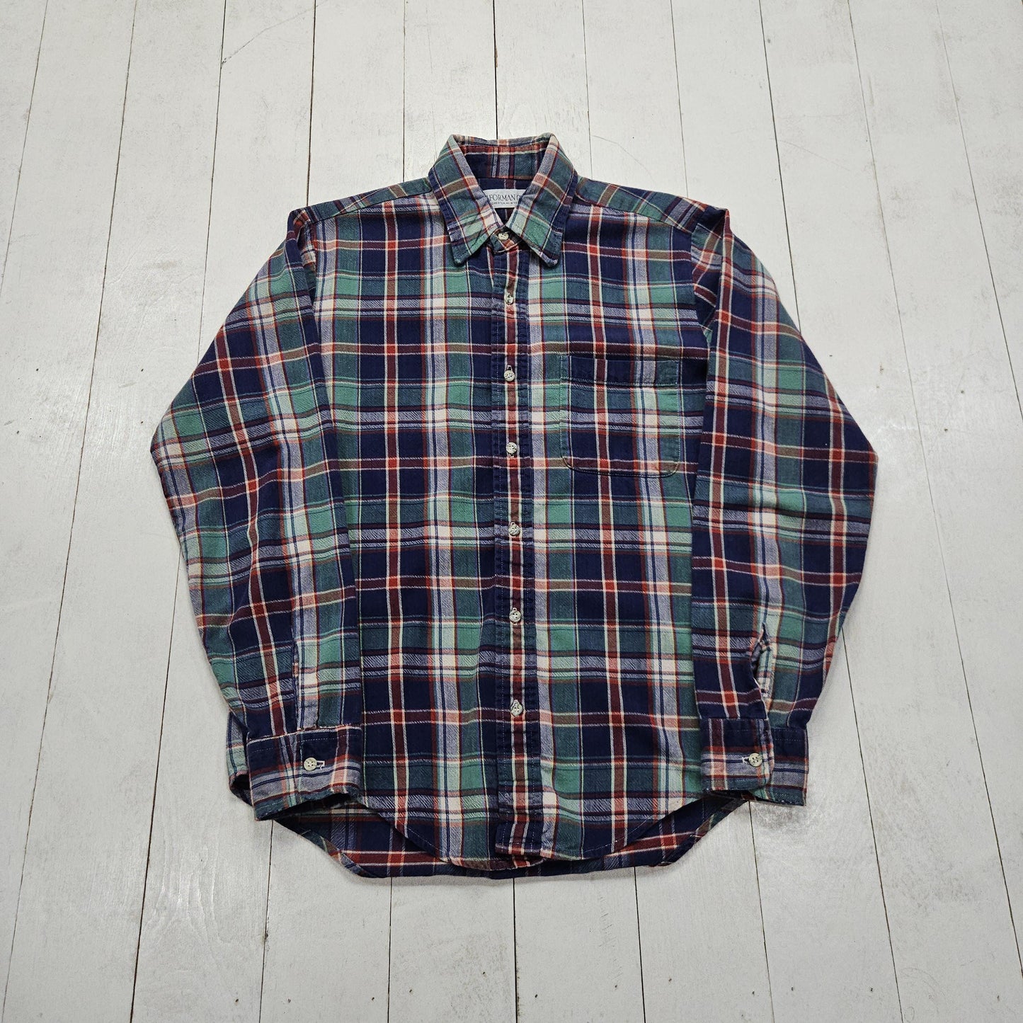 1990s/2000s Y2K B Forman Co Blue Green Plaid Lightweight Flannel Button Up Shirt Size M