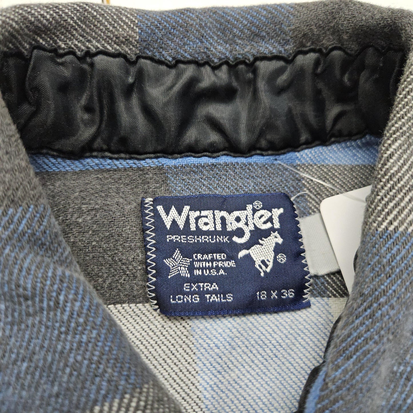 1980s Wrangler Blue/White/Black Buffalo Plaid Pearl Snap Flannel Western Shirt Made in USA Size XL