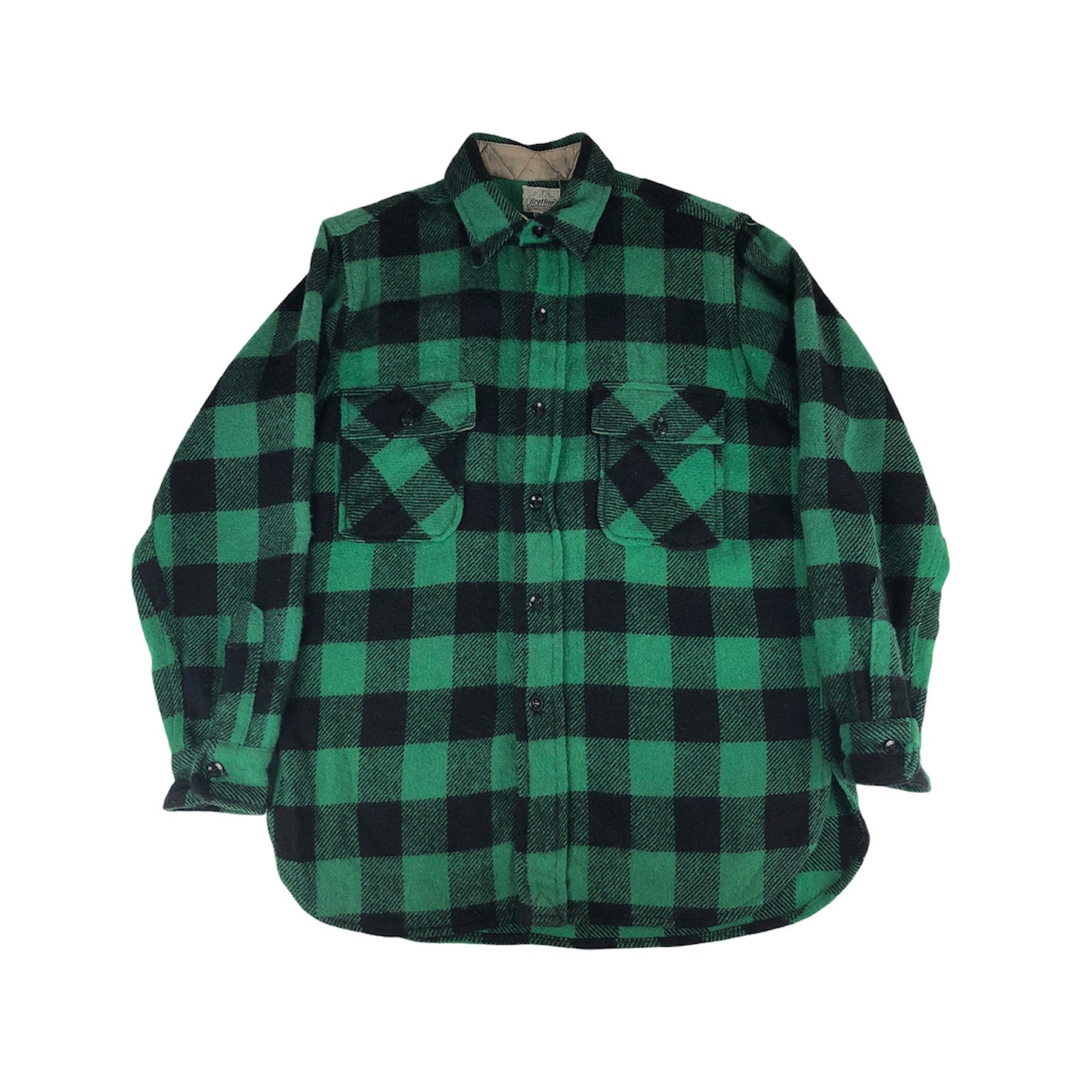 1950s Union Made Five Brother Green Buffalo Check Plaid Wool Shirt Jacket  Size L