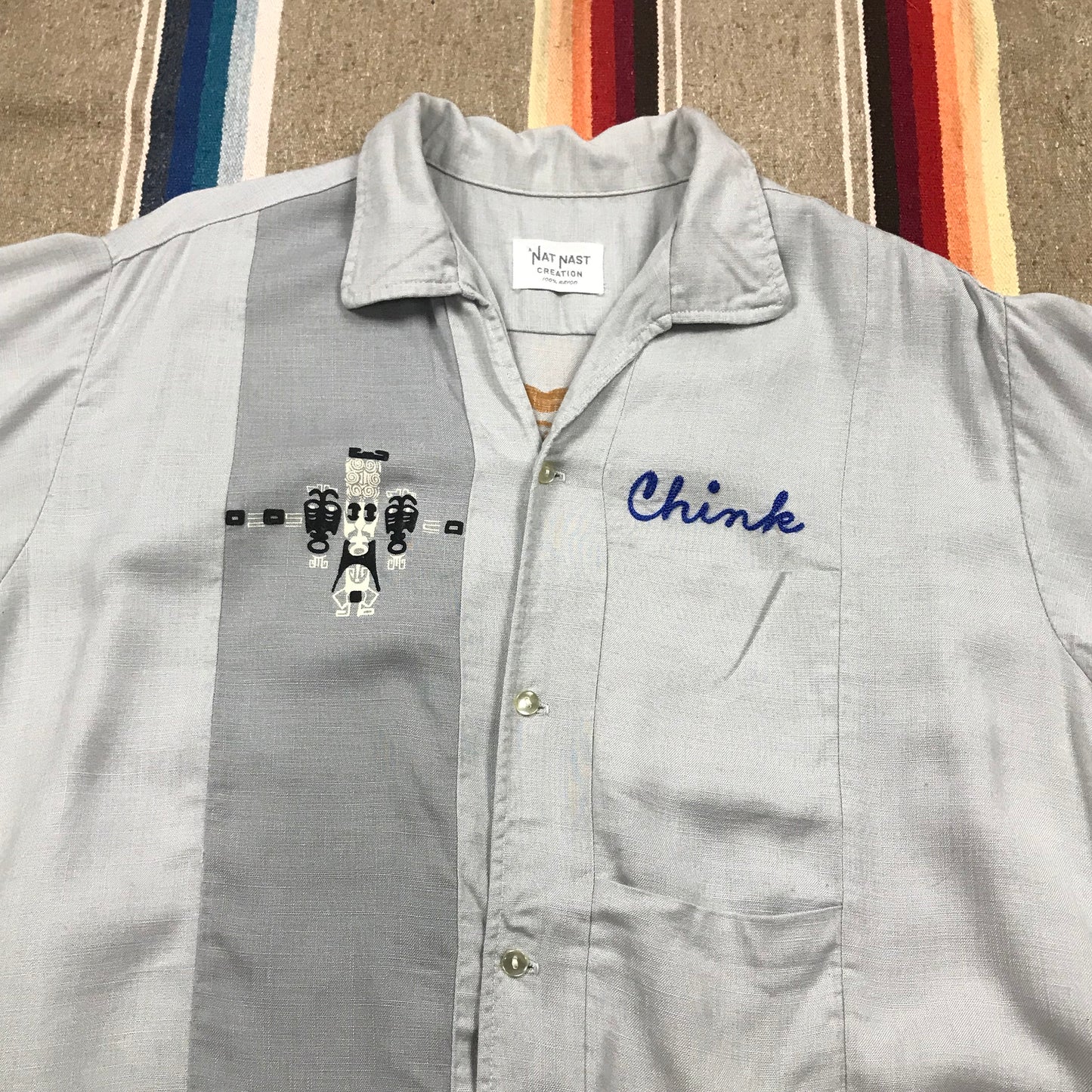 1950s Nat Nast Rayon Bowling Shirt Tiki Flock Print Clarence "Chink" Osland VFW 328 Stoughton Made in USA Size M/L