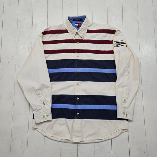 1990s Tommy HIlfiger White Blue Red Striped Button Down Shirt Size L - People's Champ Vintage -Shirts - Longsleeve