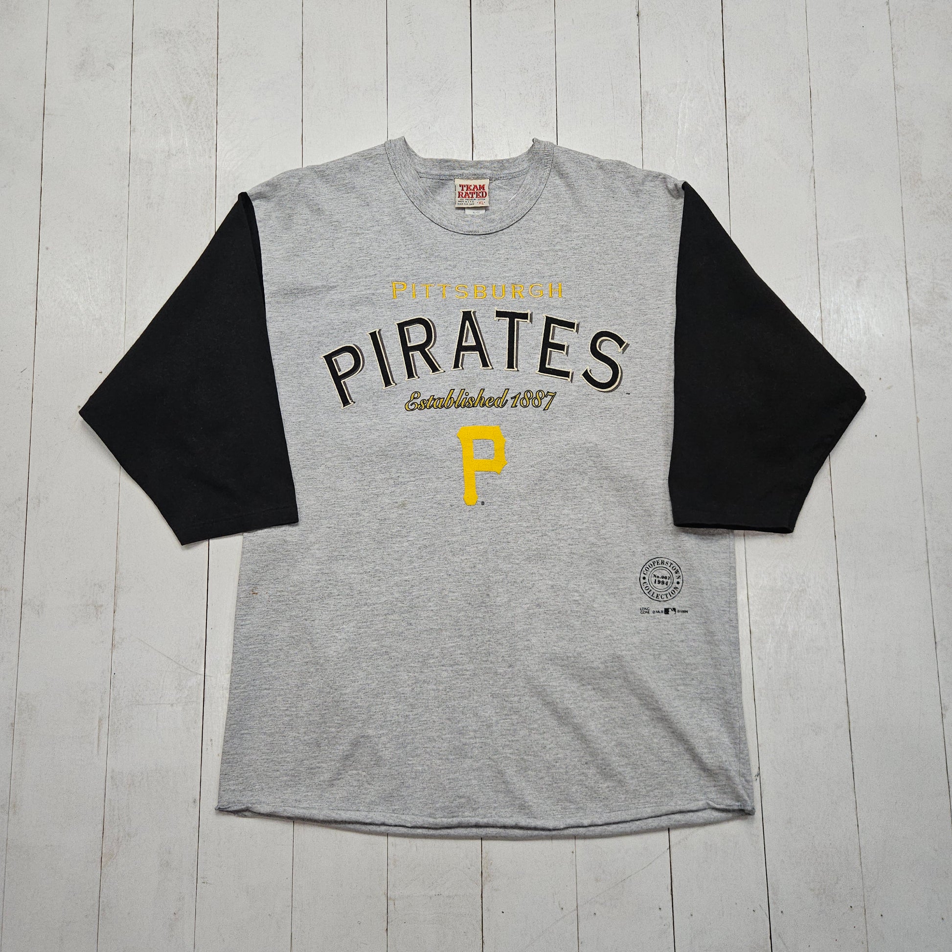 1990s 1994 Team Rate Long Gone MLB Cooperstown Collection Pittsburgh Pirates 1960 Championship 3/4 Sleeve T-Shirt Made in USA Size L - People's Champ Vintage -T-Shirts - Sports