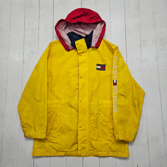 1990s Tommy Hilfiger Yellow Sleeve Spellout Windbreaker Rain Jacket Size L/XL - People's Champ Vintage -Jackets-Sportswear Jackets
