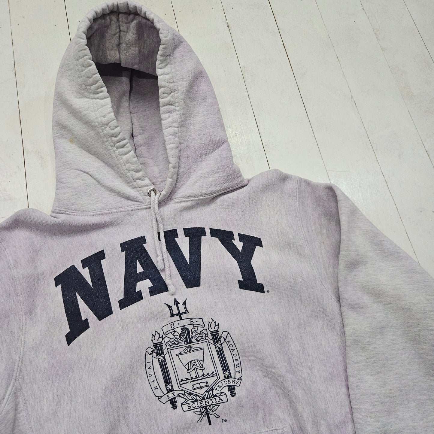 1990s MV Sport Pro Weave Overdyed US Navy Naval Academy Hoodie Sweatshirt Made in USA Size L