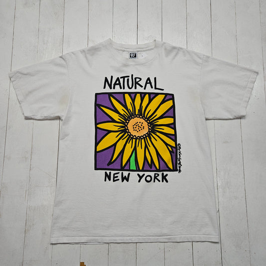 1990s 90 Degree Angle Natural New York Flower Art Print T-Shirt Made in USA Size XL - People's Champ Vintage -T-Shirts