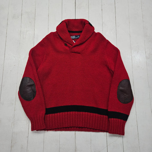 1990s Polo Ralph Lauren Red/Black Two Tone Hand Knit Wool Shawl Collar Pullover Sweater Size L - People's Champ Vintage -Sweaters