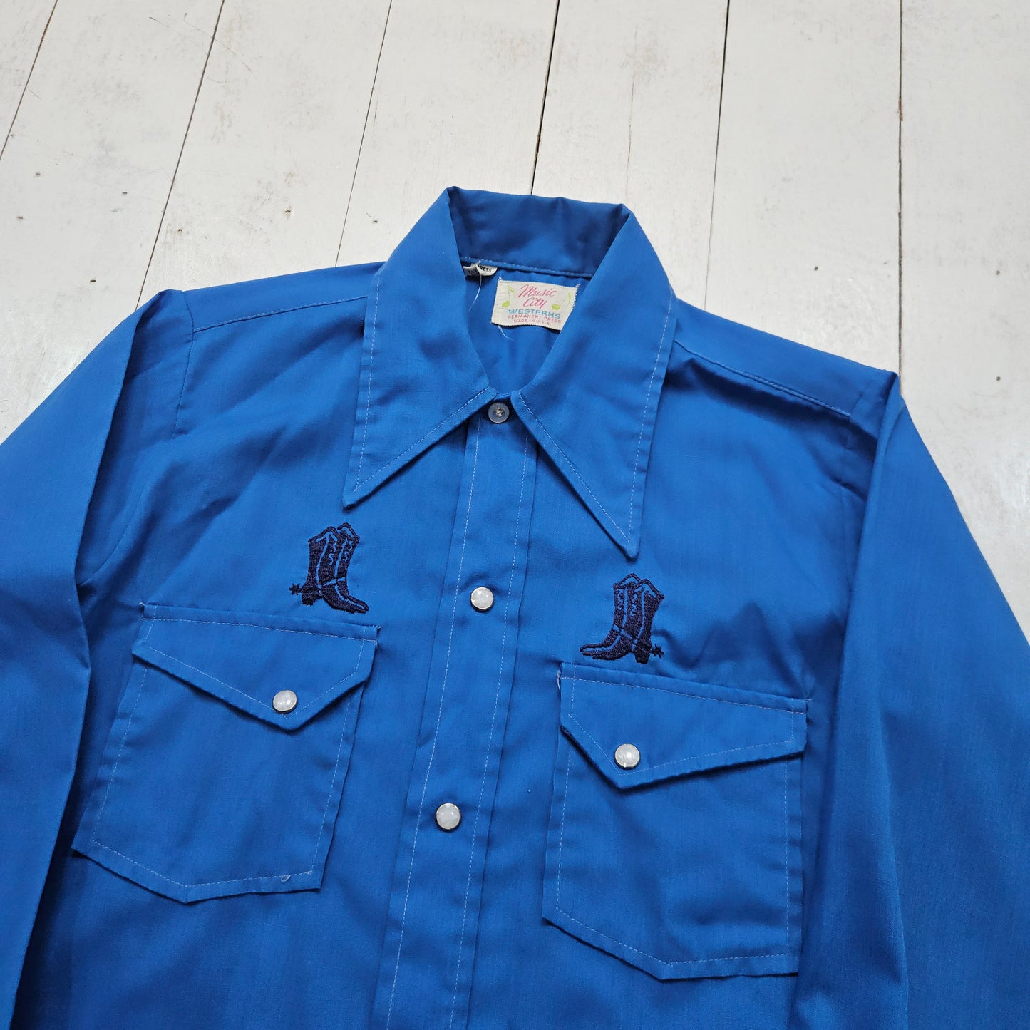 1970s Music City Westerns Blue Embroidered Cowboy Boot Western Shirt Made in USA Women's Size S