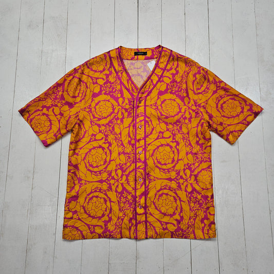 2020s Versace Barocco Short Sleeve Authentic Silk Baseball Shirt Made in Italy Size L - People's Champ Vintage -Shirts - Shortsleeve