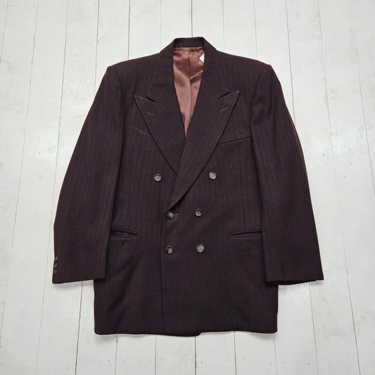 1950s Dark Burgundy Pinstripe Double Breasted Mens Suit Jacket Andy's Tailor Shop Welland Ontario Made in Canada Size M - People's Champ Vintage -Jackets