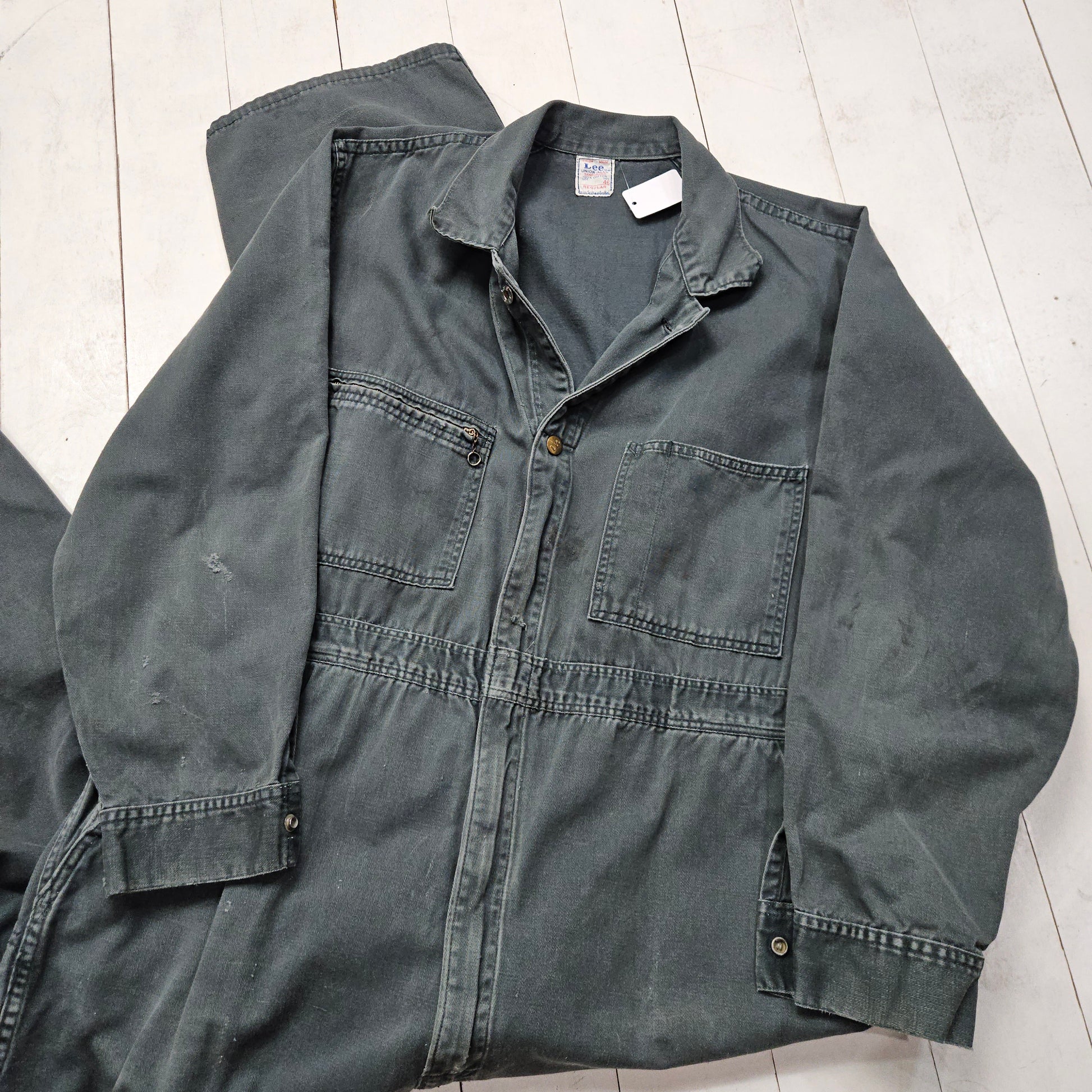 1950s Lee Union-Alls Green Twill Coveralls Sanforized Made in USA Size XL - People's Champ Vintage -Bottoms - Overalls/Coveralls
