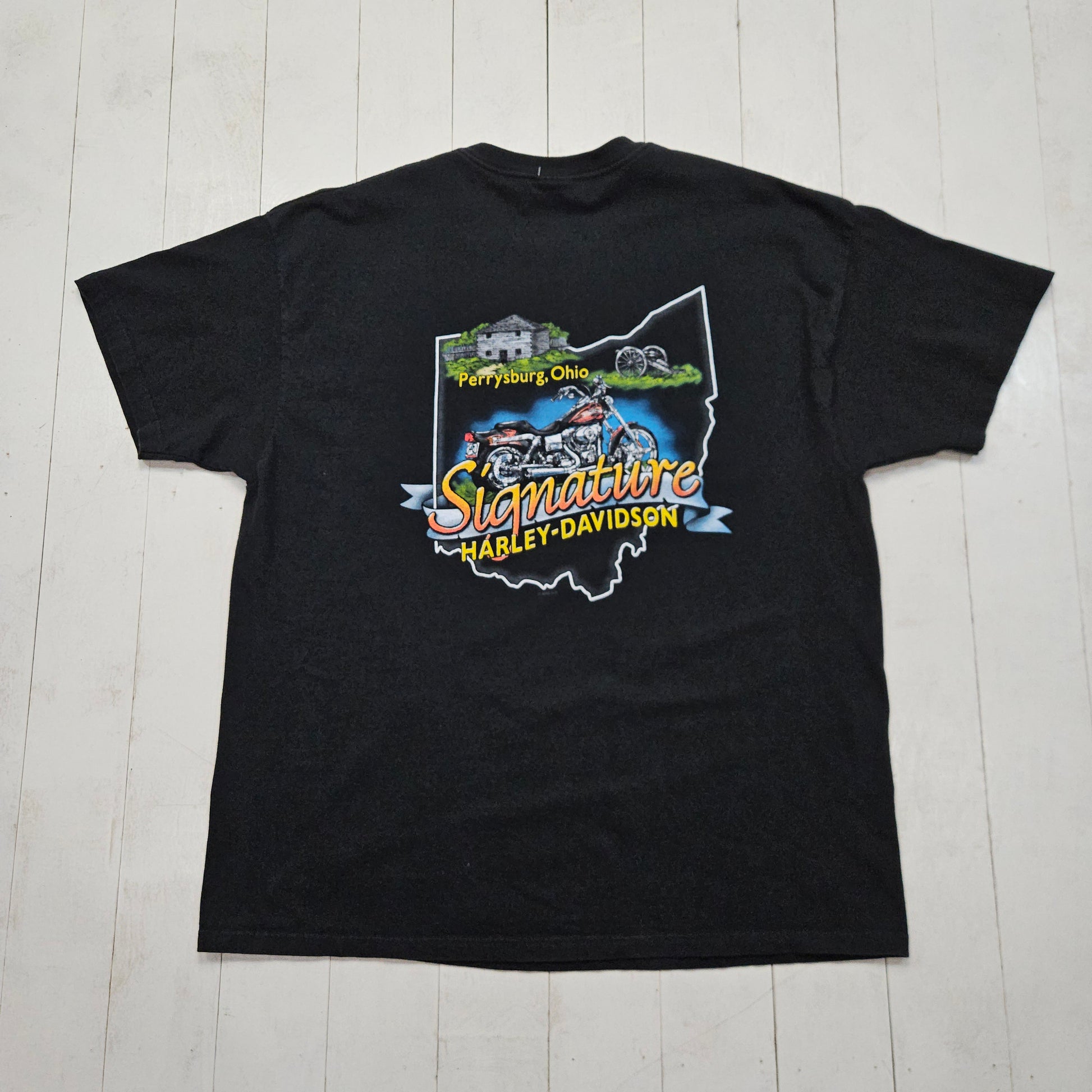 2000s 2003 Harley-Davidson Pinstripe Art Perrysburg Ohio Signature Motorcycle T-Shirt Made in USA Size XXL - People's Champ Vintage -T-Shirts - Harley