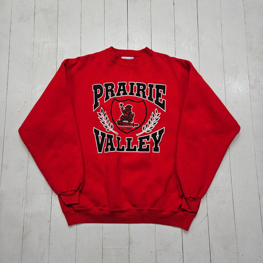 1990s Hanes Red Prairie Valley Warriors School Sweatshirt Made in USA Size L - People's Champ Vintage -Sweatshirts/Hoodies