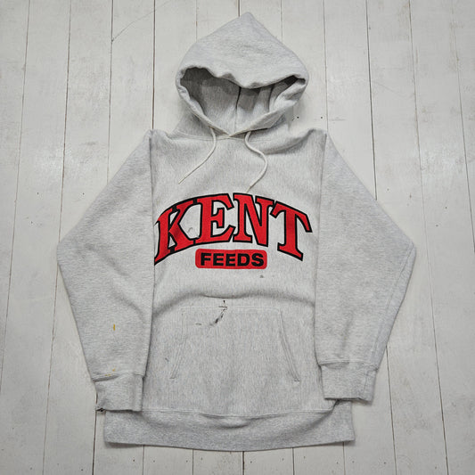 1990s Kent Feeds Grey Rerverse Weave Style Promotional Hoodie Sweatshirt Made in USA Size M