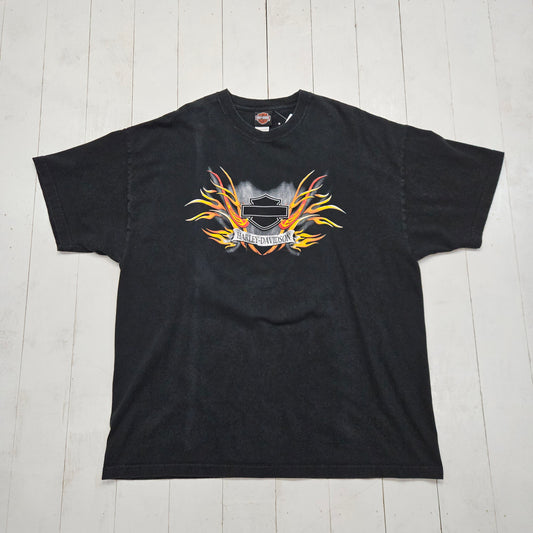 2000s 2003 Y2K Harley-Davidson Black Bar Shield Logo Pinstripe Flames Outpost Pueblo Colorado Motorcycle T-Shirt Made in USA Size XXL