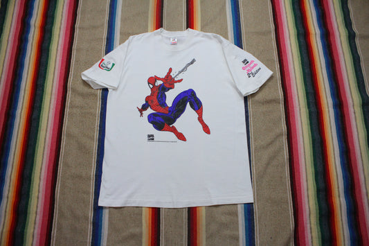 1990s 1993 Marvel Spiderman Crunch N Munch Chef Boyardee Comic Book Superhero T-Shirt Made in USA Size L - People's Champ Vintage -T-Shirts