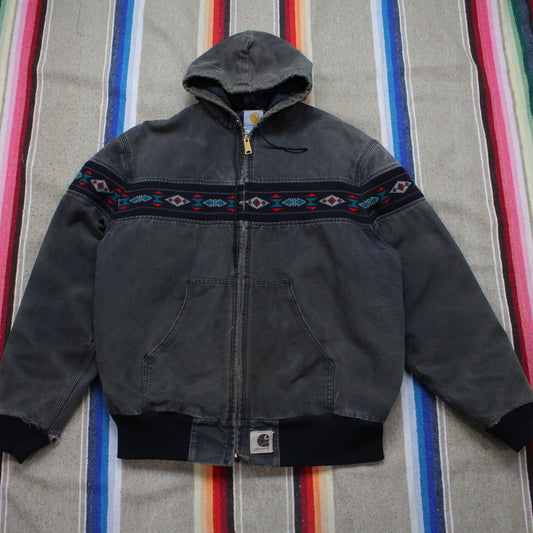 1990s Carhartt Aztec Southwest Style Faded Black Quilted Lined Active Jacket Size XL