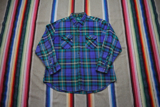 1990s/2000s Timber Trail Blue Green Flannel Button Up Shirt Size L