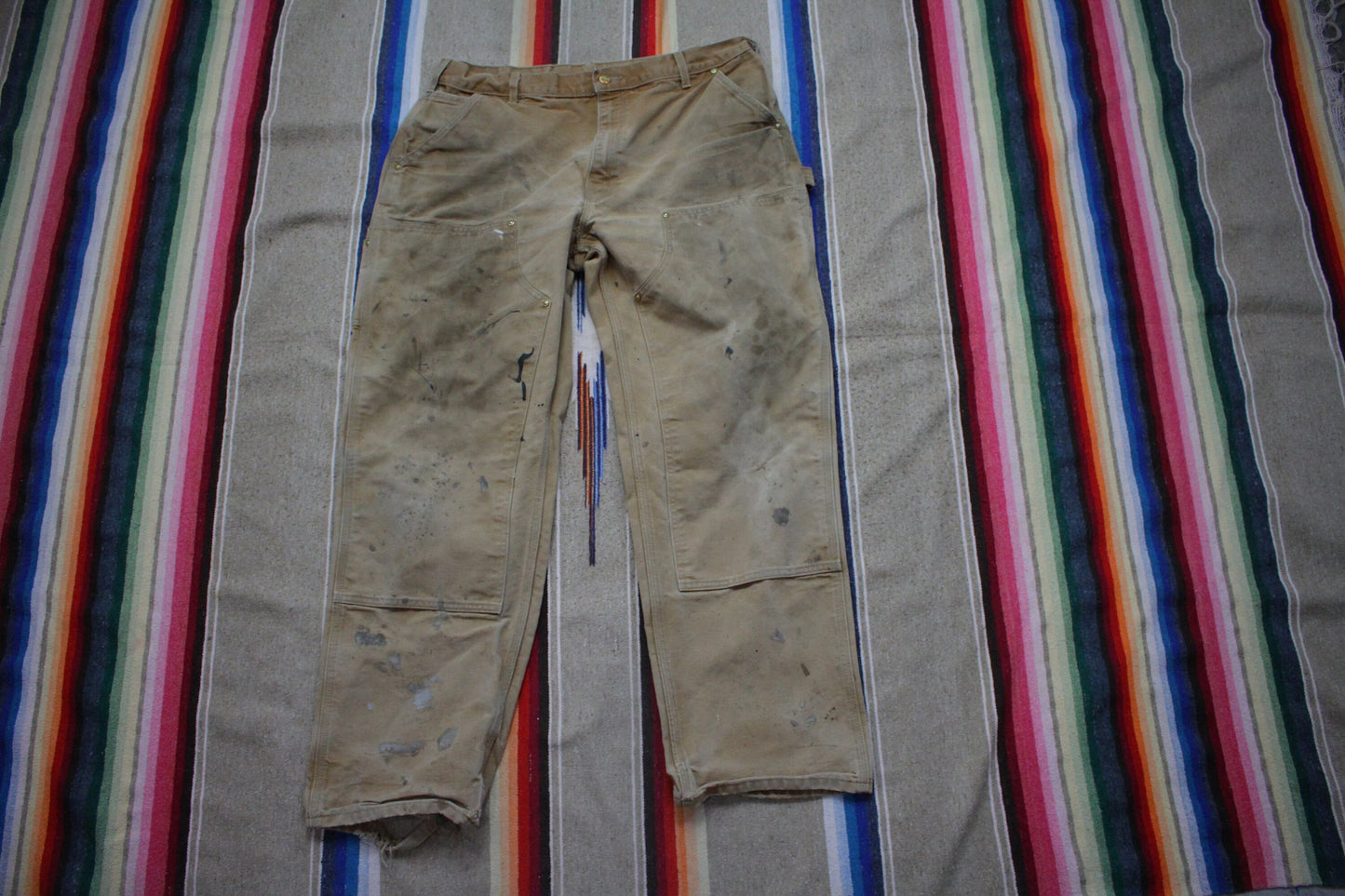 2010s Distressed Carhartt B01 BRN Double Knee Painter Work Pants Made in USA Size 34x29.5
