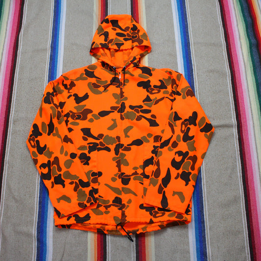 1980s Johnson Garment Corp Blaze Orange High Visibility Lightweight Hooded Hunting Jacket Size M