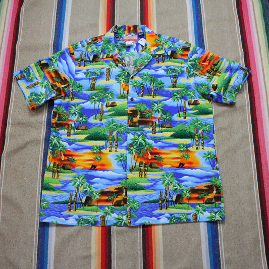 1990s RJC Tiki Print Tropical Hawaiian Shirt Made in Hawaii USA Size XL