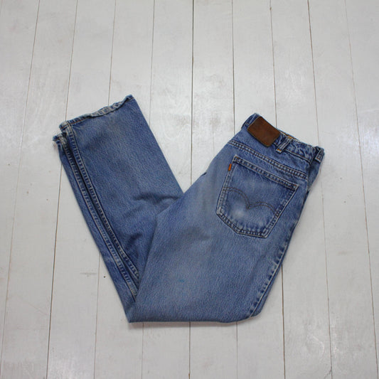 1990s Levi's Orange Tab 619 Blue Denim Jeans Distressed Painter Size 30x28