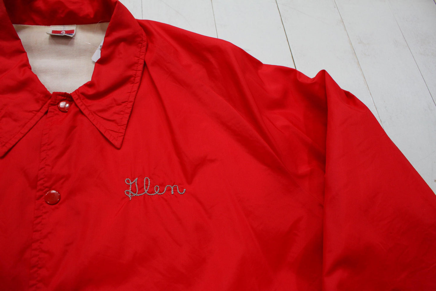 1980s/1990s Sportsmaster Red Chain Stitch Van Wert Cougars Booster Glen Cotton Lined Coach Jacket Size XL