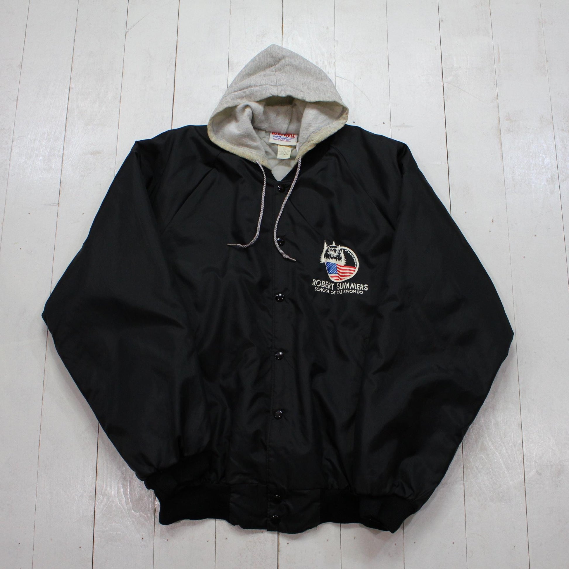 1980s/1990s Hartwell Black Robert Summers Tae Kwon Do Hoodie Quilted Lined Nylon Bomber Jacket Made in USA Size L