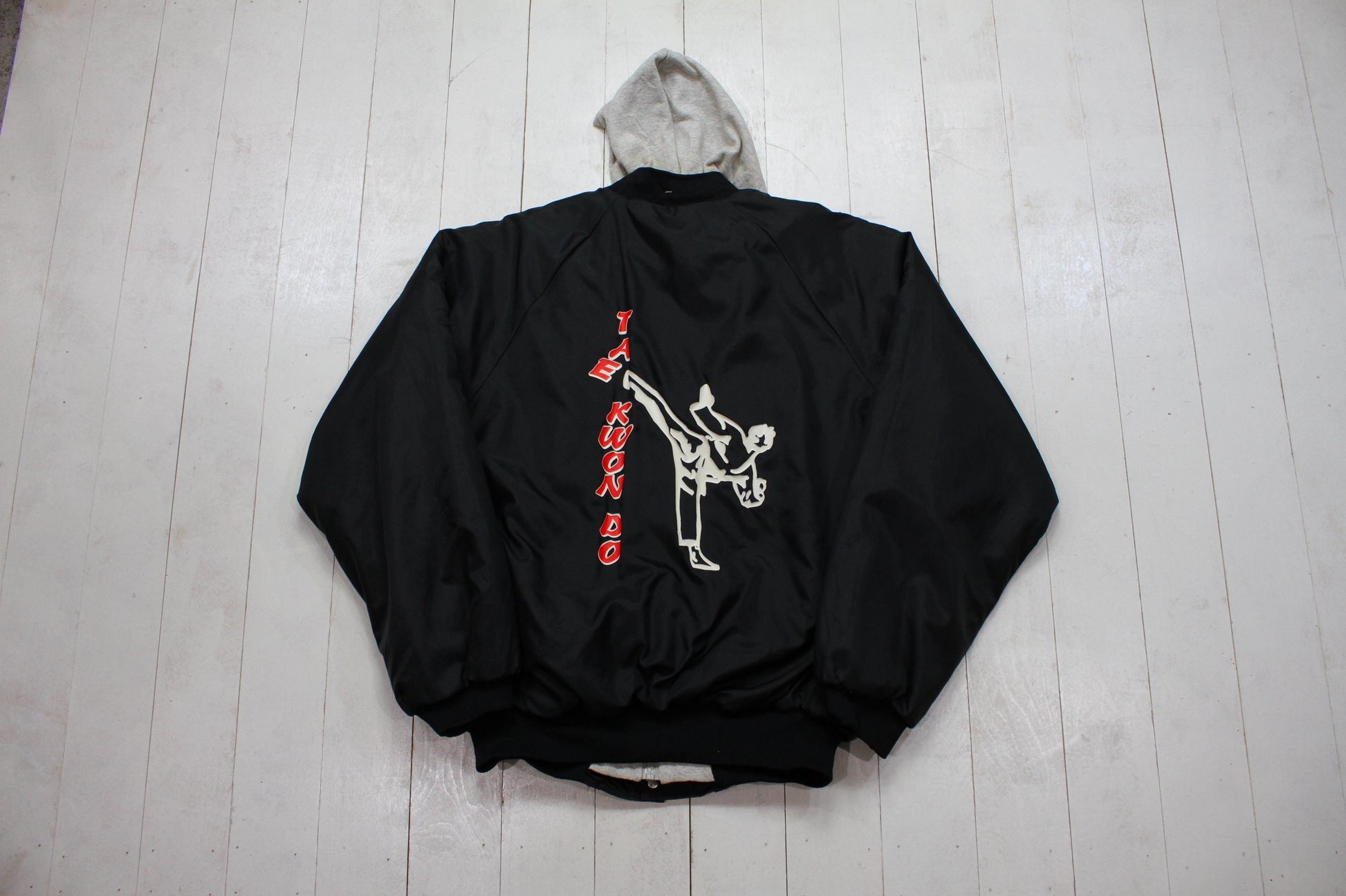 1980s/1990s Hartwell Black Robert Summers Tae Kwon Do Hoodie Quilted Lined Nylon Bomber Jacket Made in USA Size L