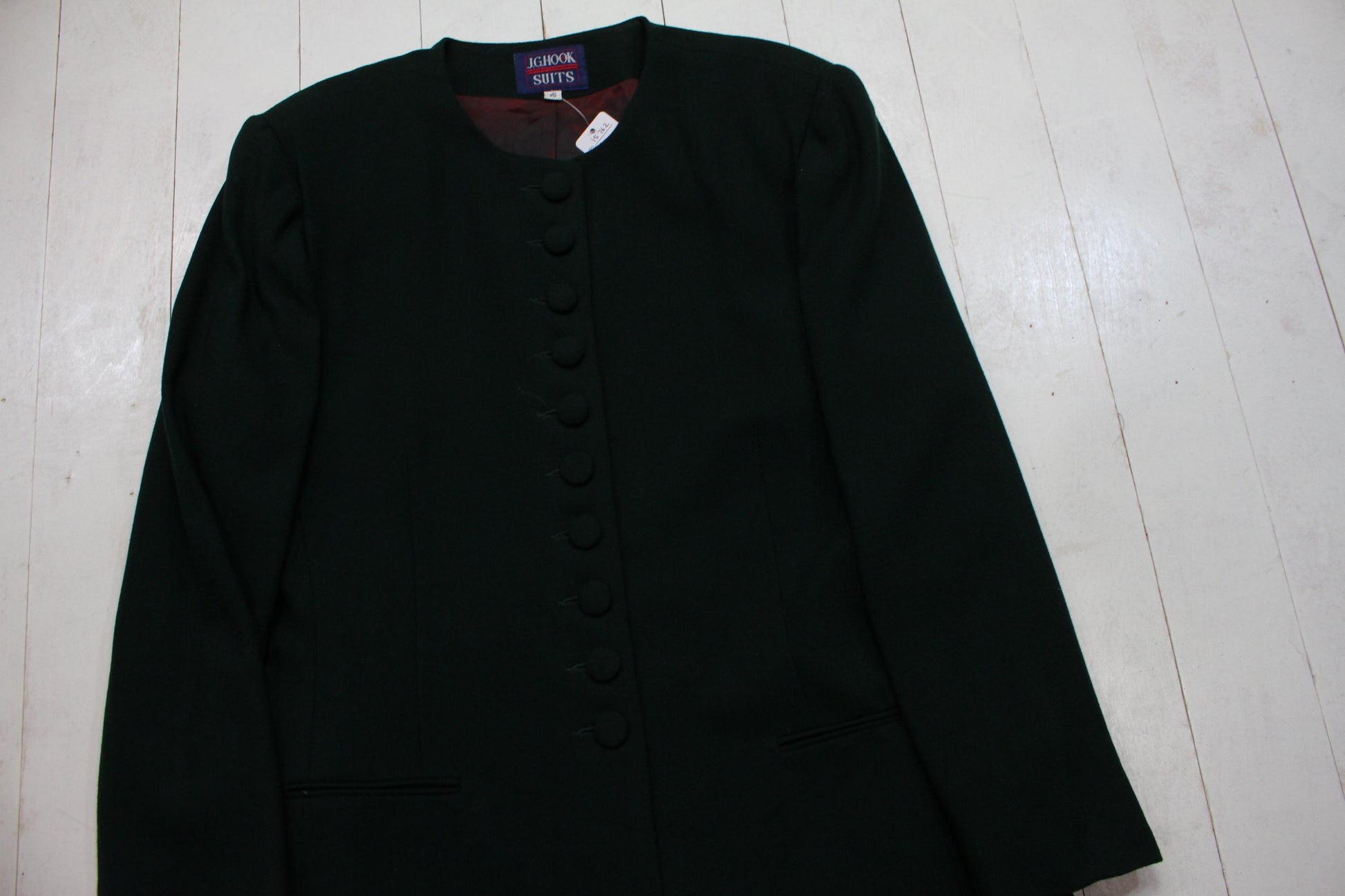 1980s JG Hook Suits Dark Green Collarless Wool Coat Made in USA Women's Size XL