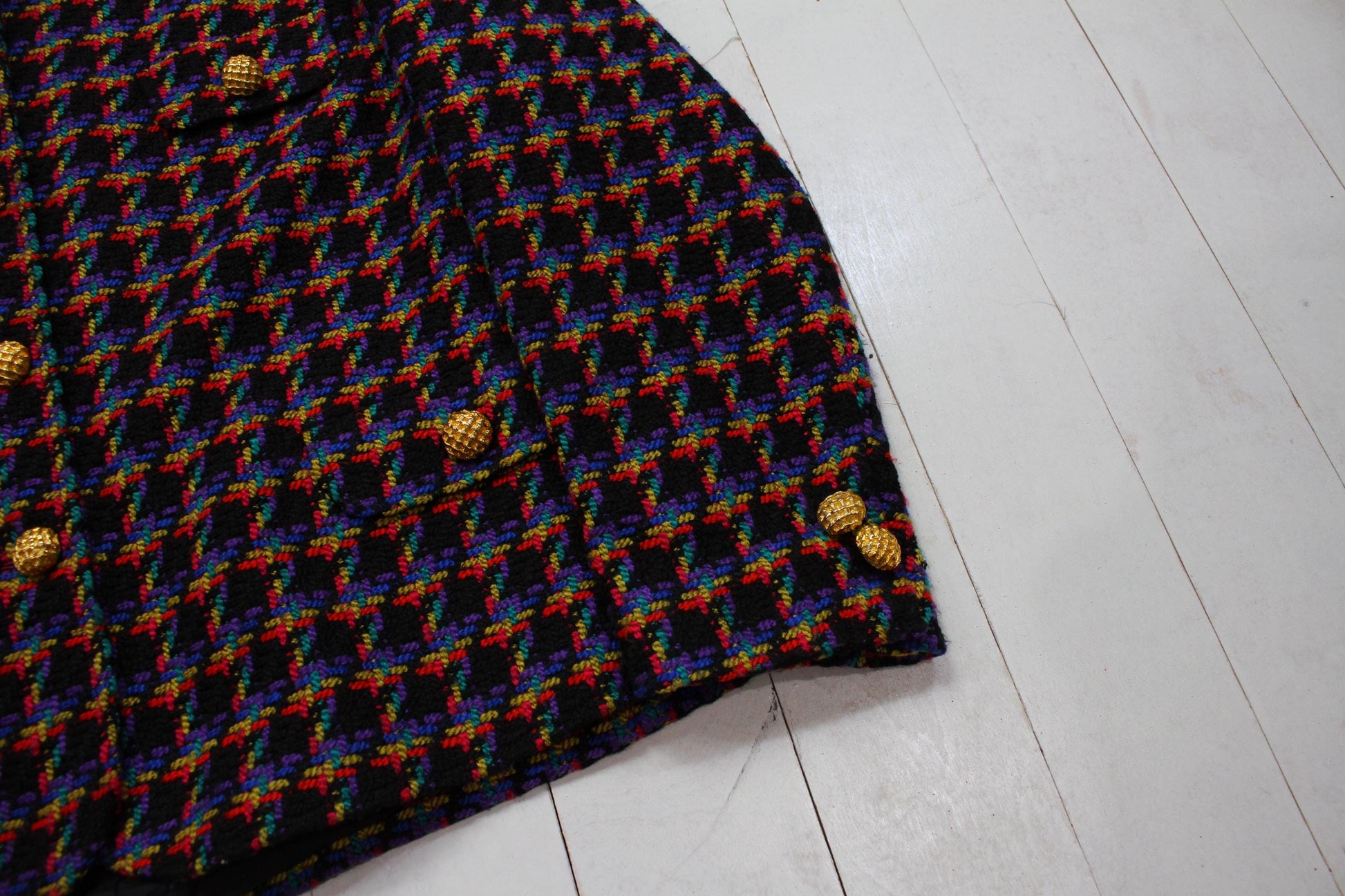 1980s/1990s Domina Black Multicolour Viscose Knit Business Suit Set Blazer and Skirt