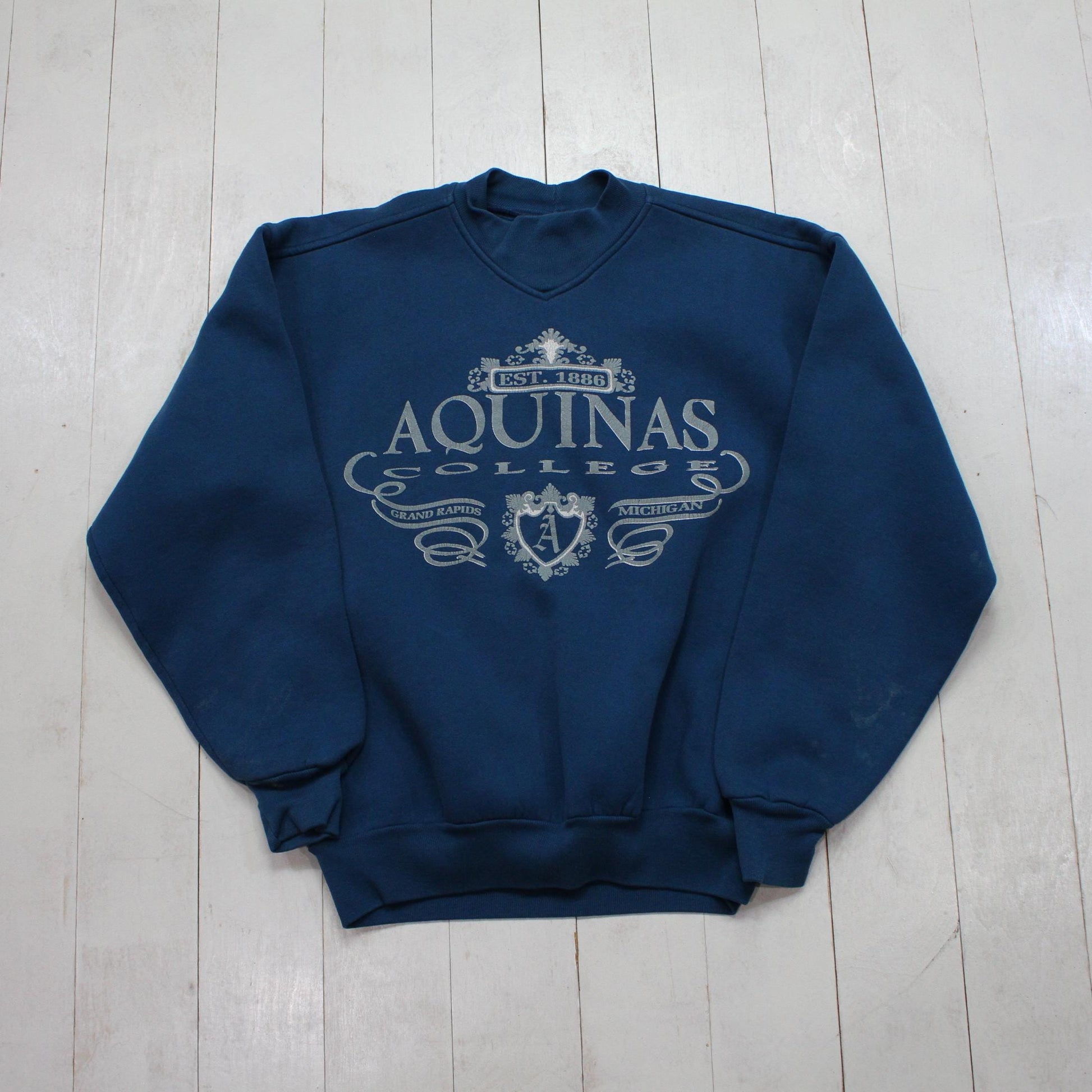 1990s Jansport Aquinas College Teal Grand Rapids Michigan Sweatshirt Made in USA Size M