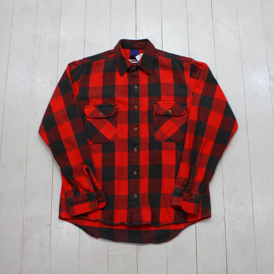 1990s/2000s Y2K Red Black Buffalo Plaid Flannel Button Up Shirt Size M