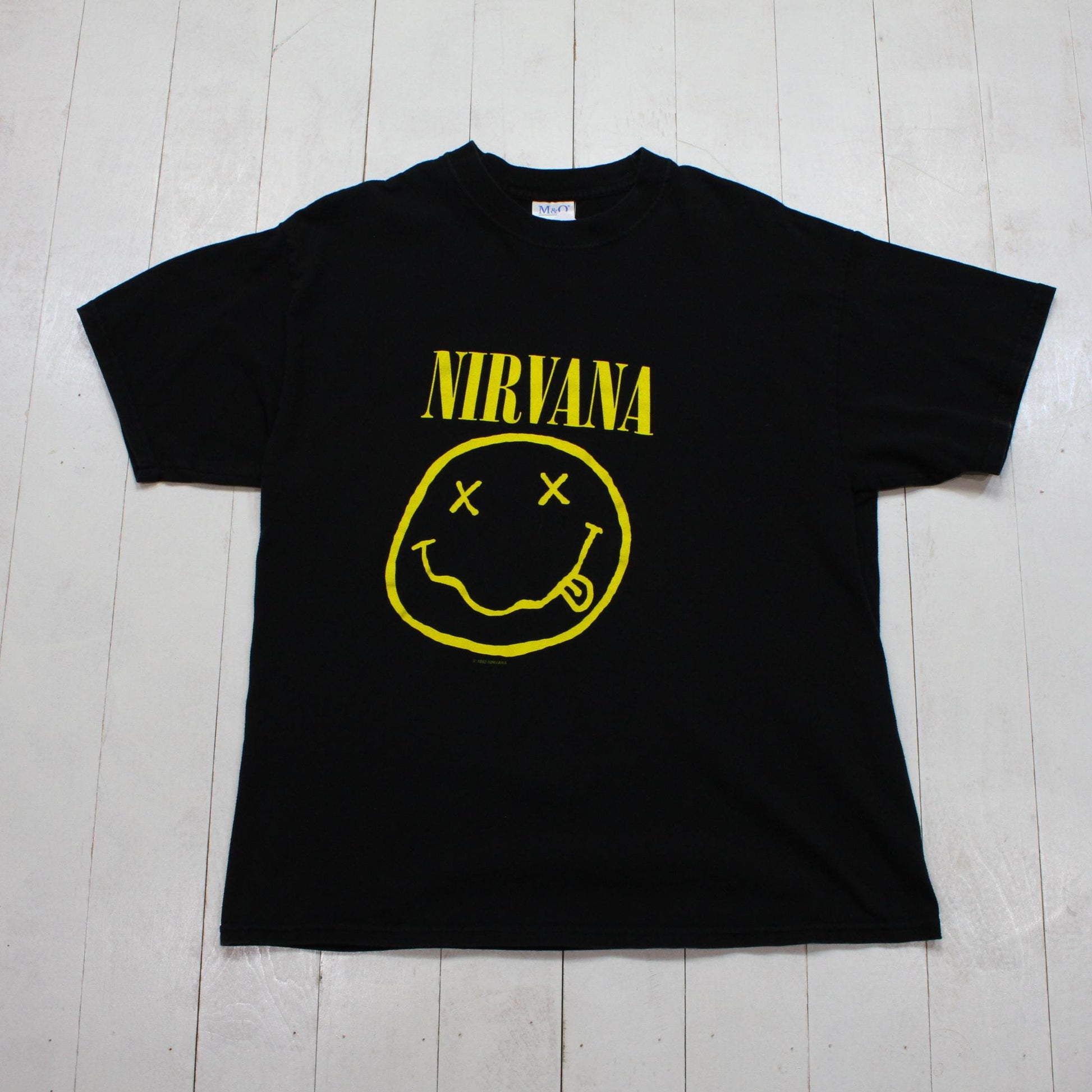 1990s/2000s Y2K M&O Knits Heavyweight Nirvana X-Eye Smiley Face Grunge Band T-Shirt Size L