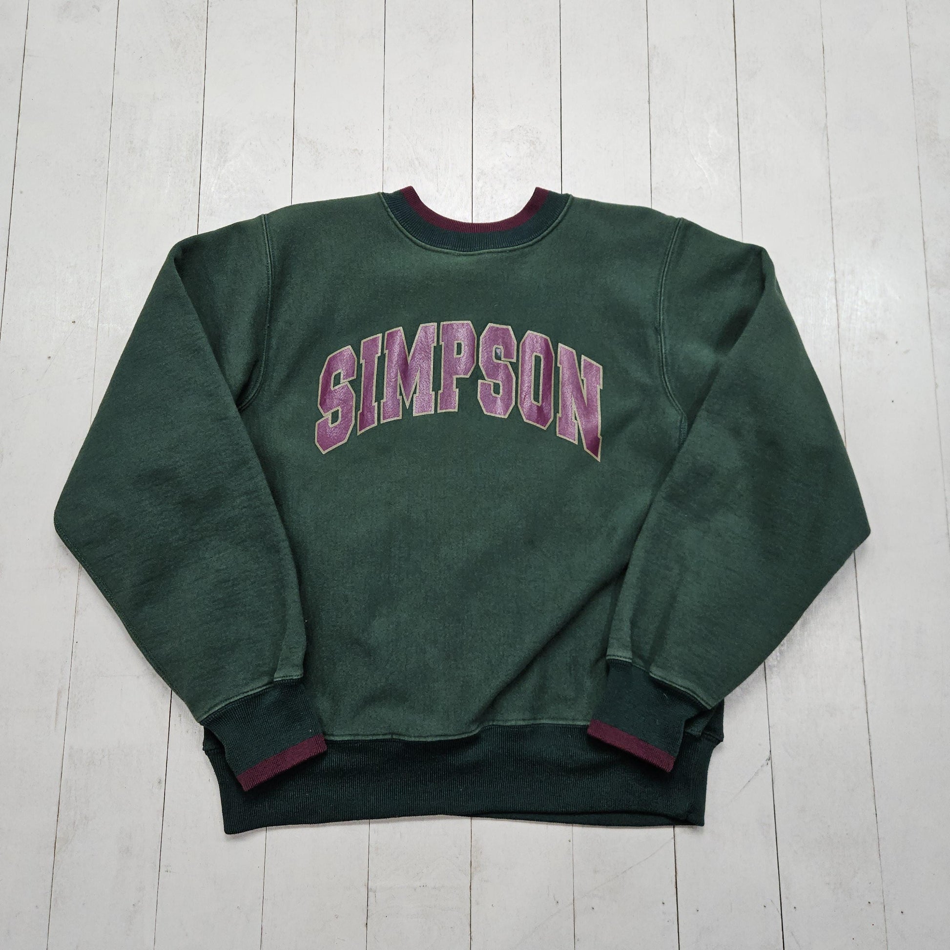 1990s Mt Spokane Knitting Mills Green Simpson College University Reverse Weave Style Sweatshirt Made in USA Size L