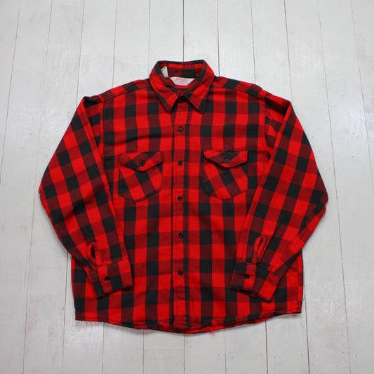 1970s Jim Catfish Hunter Red Black Buffalo Plaid Flannel Shirt Size M/L
