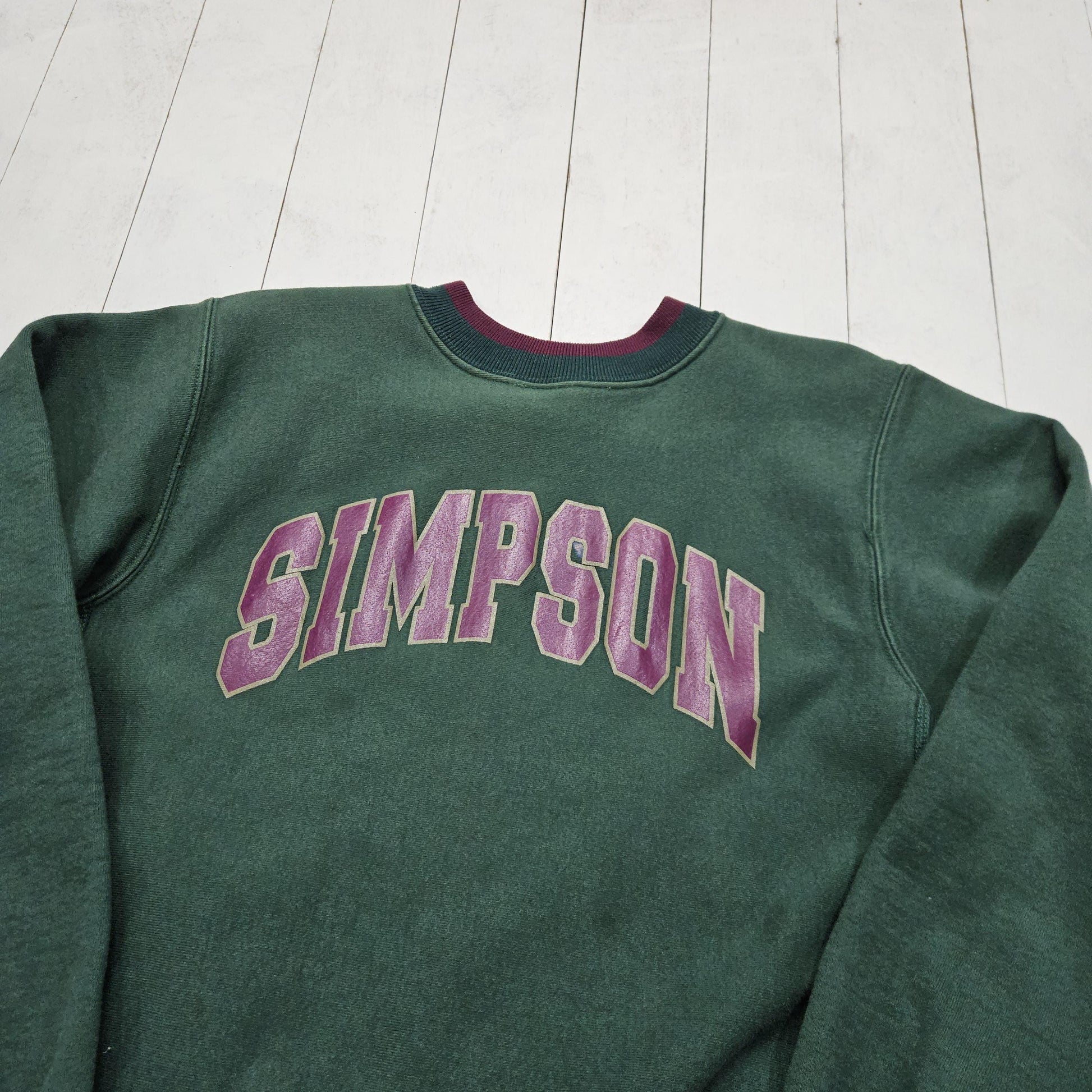 1990s Mt Spokane Knitting Mills Green Simpson College University Reverse Weave Style Sweatshirt Made in USA Size L