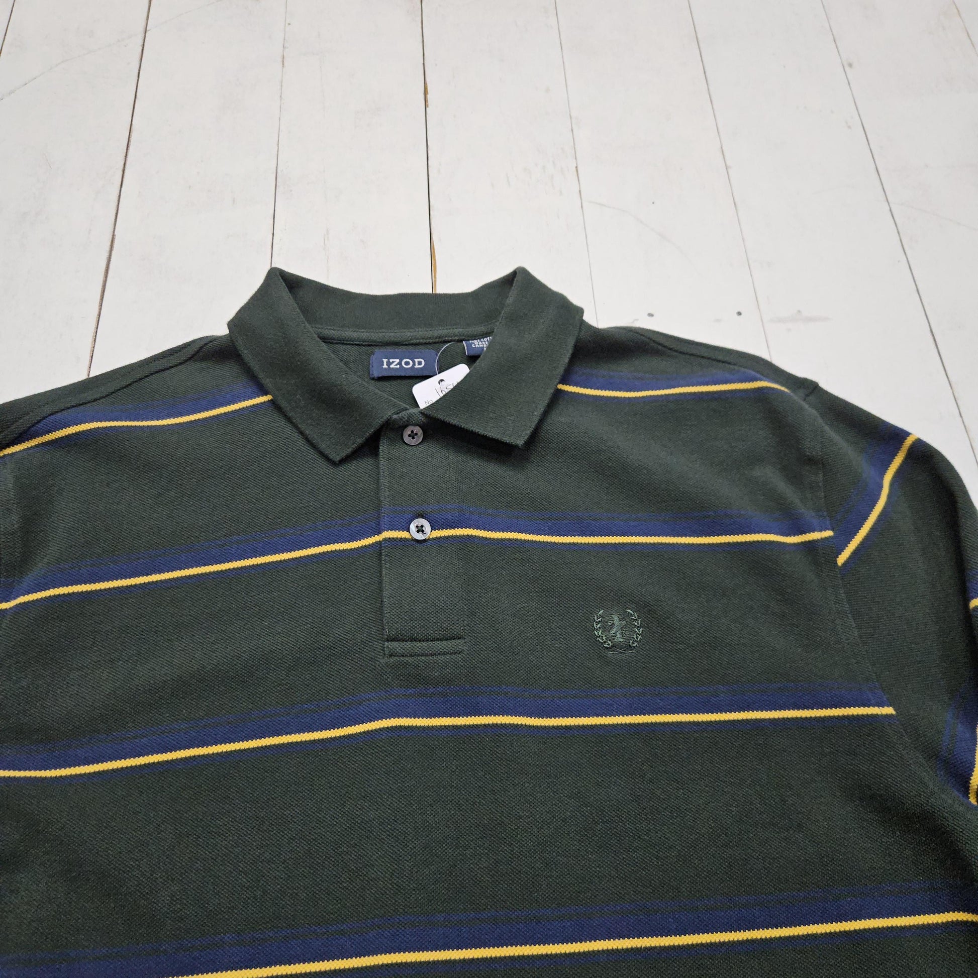 1990s/2000s Y2K Izod Green Striped Long Sleeve Polo Shirt Size L