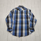 1980s Wrangler Blue/White/Black Buffalo Plaid Pearl Snap Flannel Western Shirt Made in USA Size XL