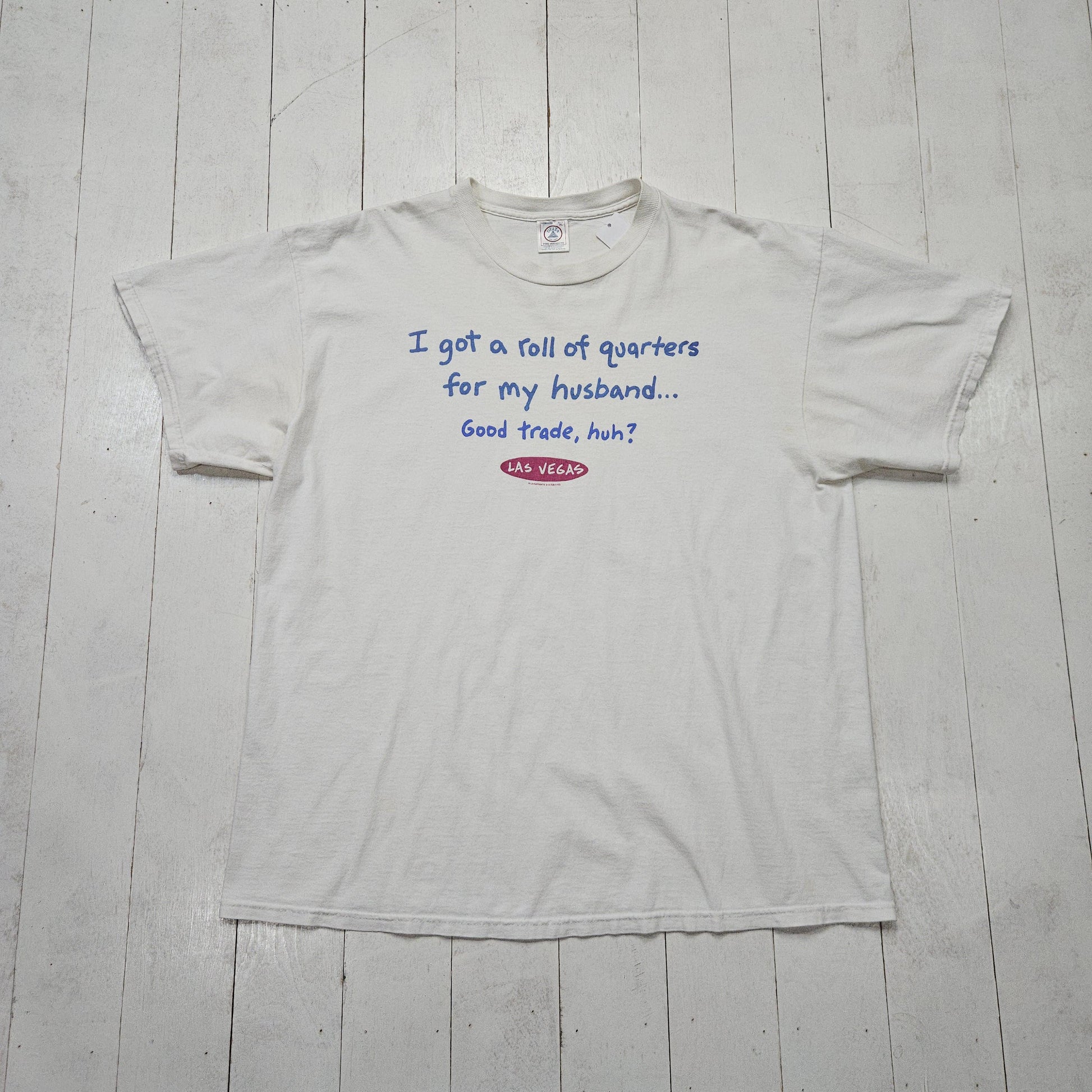 2000s Y2K Delta White Las Vegas Roll of Quarters Funny Parody Souvenir T-Shirt Size XL