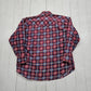 1990s Mountain Resort Red/Blue Plaid Printed Cotton Flannel Pearl Snap Western Shirt L