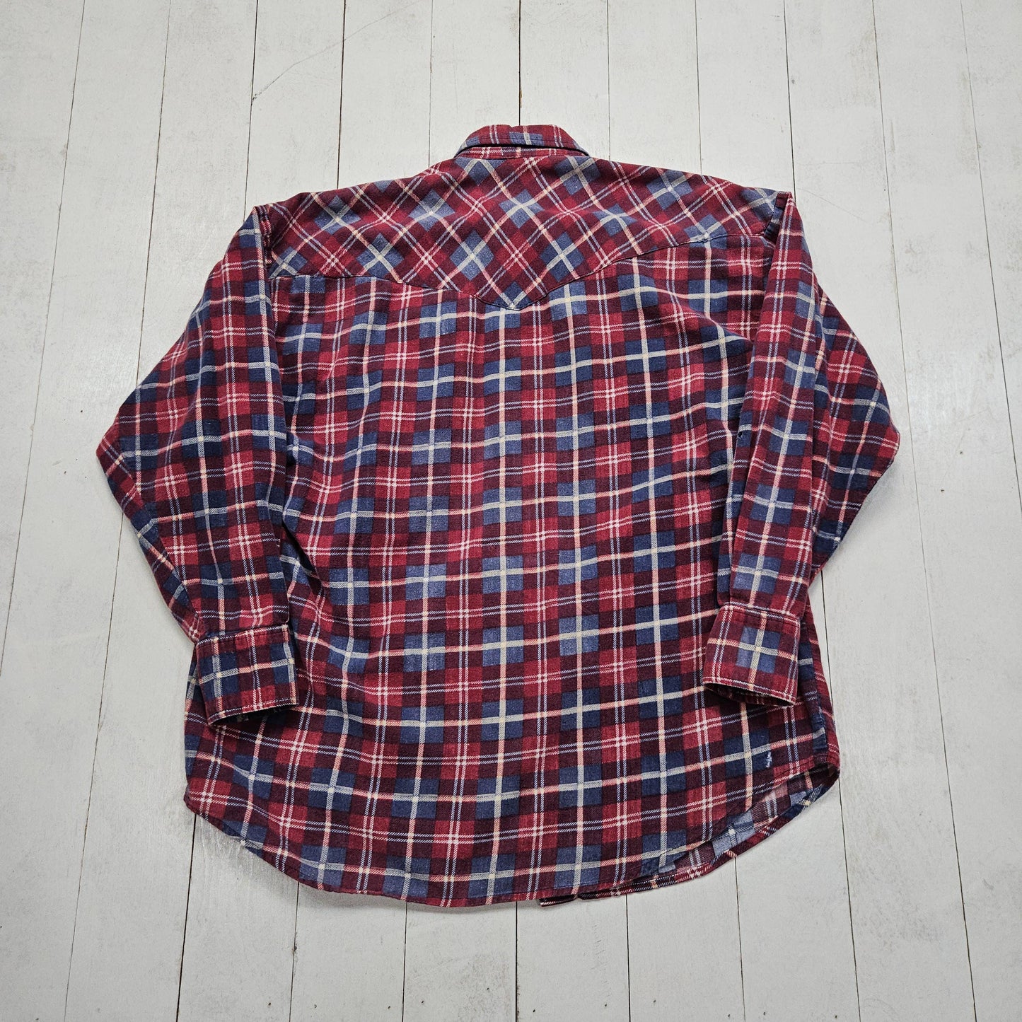 1990s Mountain Resort Red/Blue Plaid Printed Cotton Flannel Pearl Snap Western Shirt L