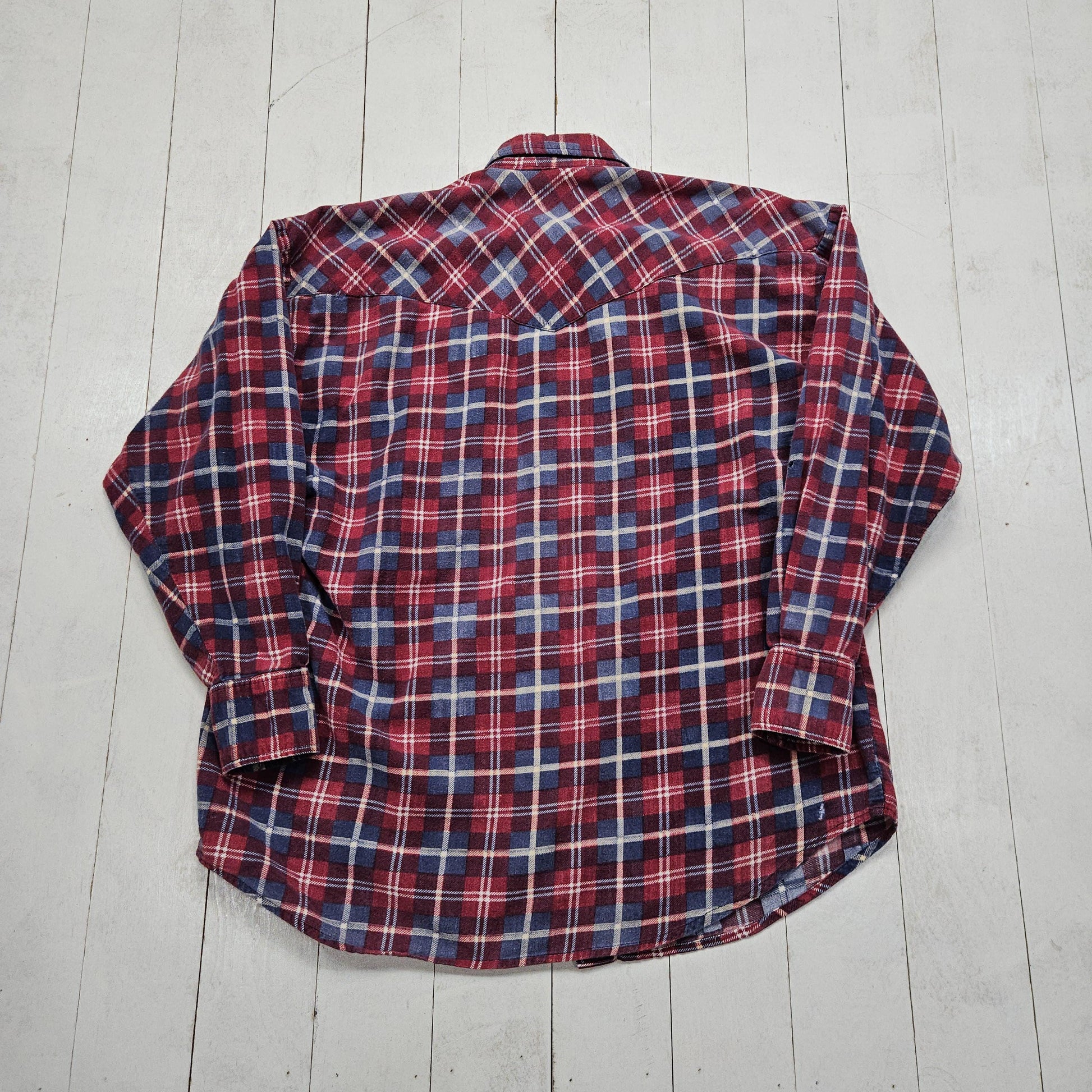 1990s Mountain Resort Red/Blue Plaid Printed Cotton Flannel Pearl Snap Western Shirt L