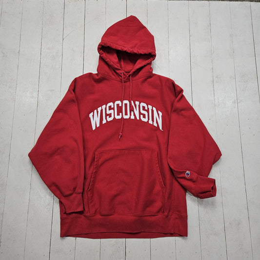 2000s Y2K Champion Wisconsin University Red Reverse Weave Hoodie Sweatshirt Size L/XL