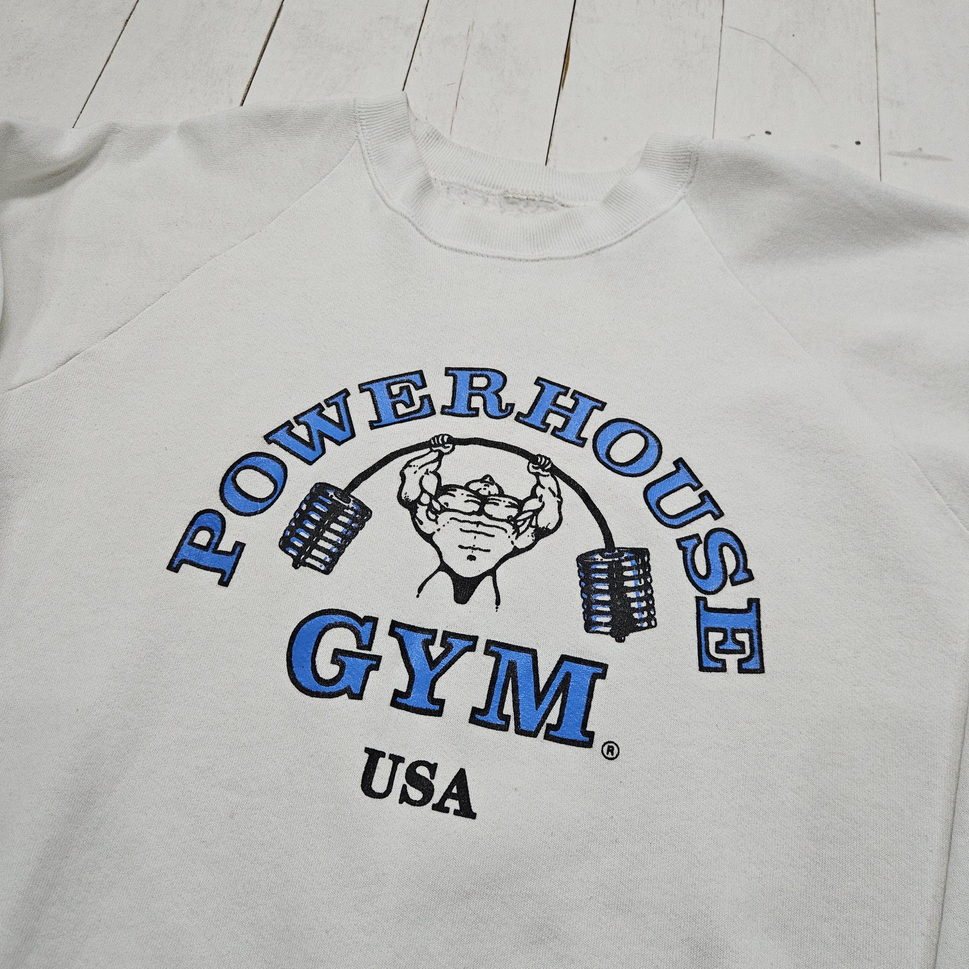 1980s/1990s White Powerhouse Gym Body Building Raglan Sweatshirt Size L