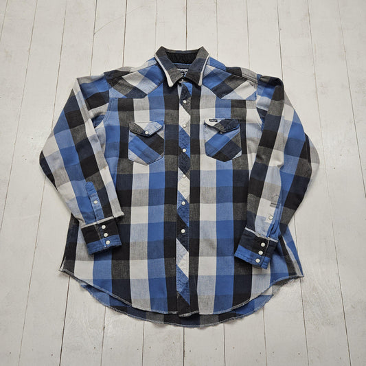 1980s Wrangler Blue/White/Black Buffalo Plaid Pearl Snap Flannel Western Shirt Made in USA Size XL