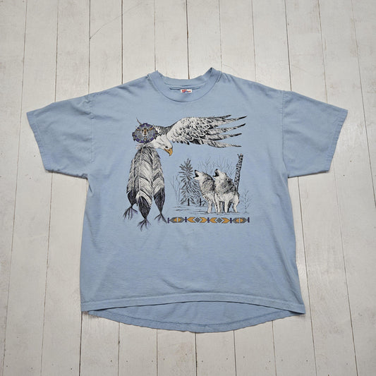 1990s/2000s Y2K Blue Eagle Wolf Wildlife Nature Animal T-Shirt Size L/XL